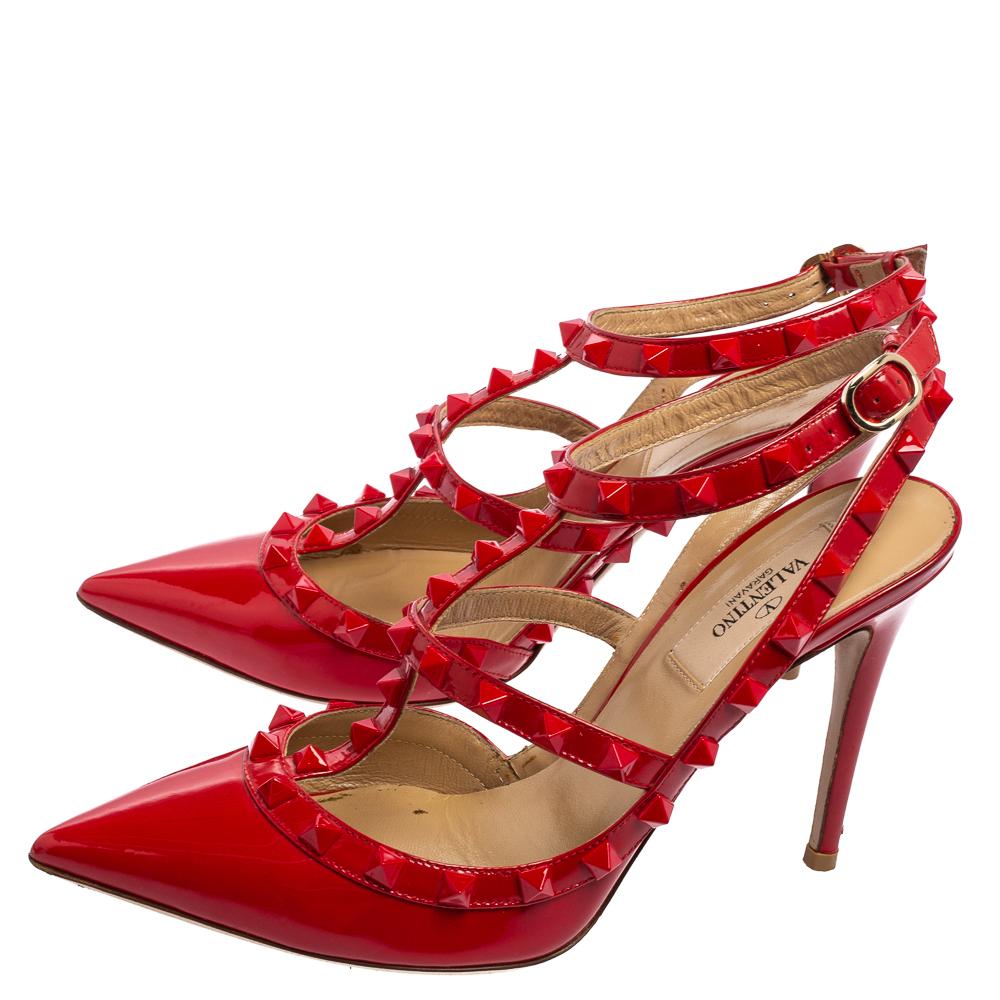 Women's Valentino Red Patent Leather Rockstud Pointed Toe Ankle Strap Sandals Size 37.5