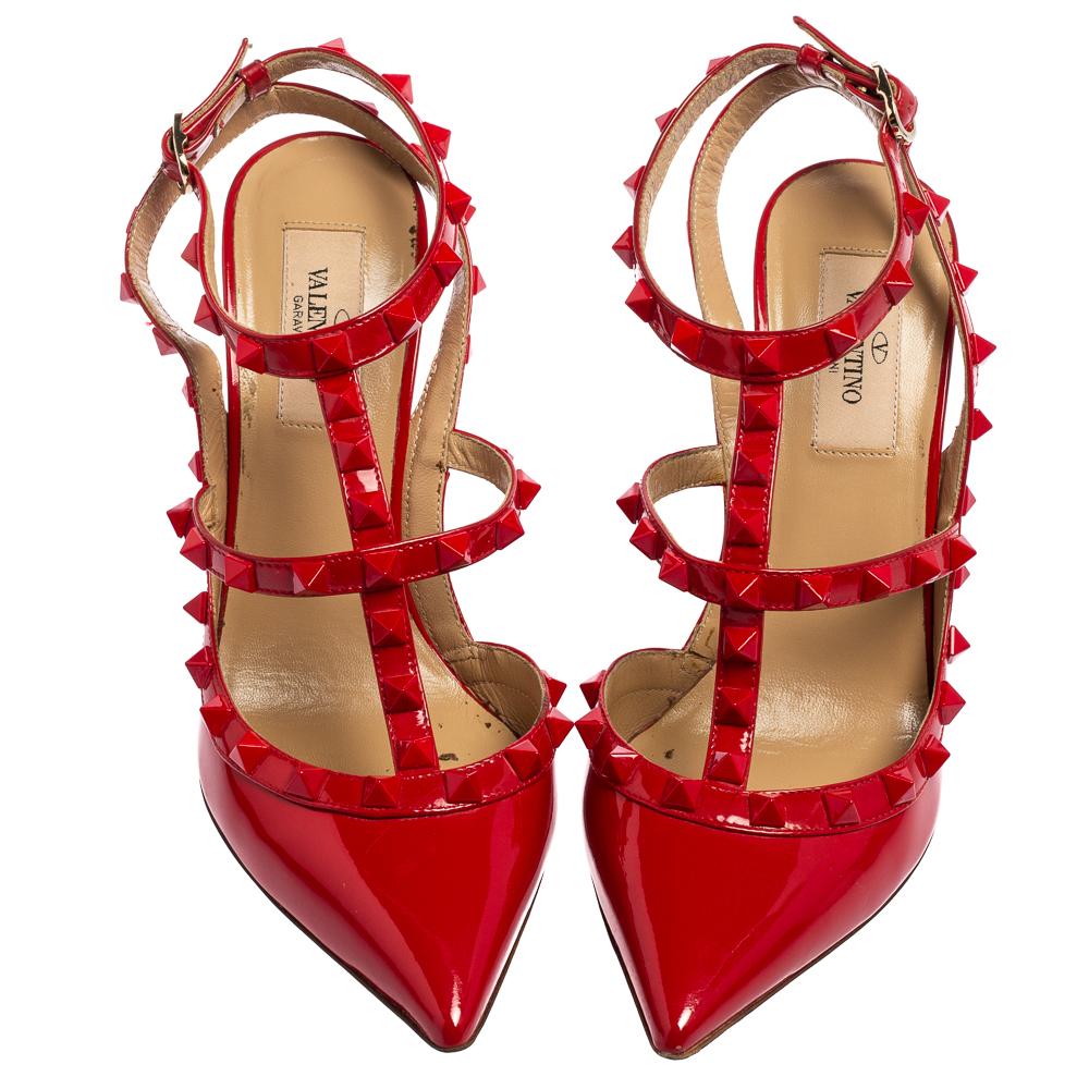 Valentino Red Patent Leather Rockstud Pointed Toe Ankle Strap Sandals Size 37.5 2