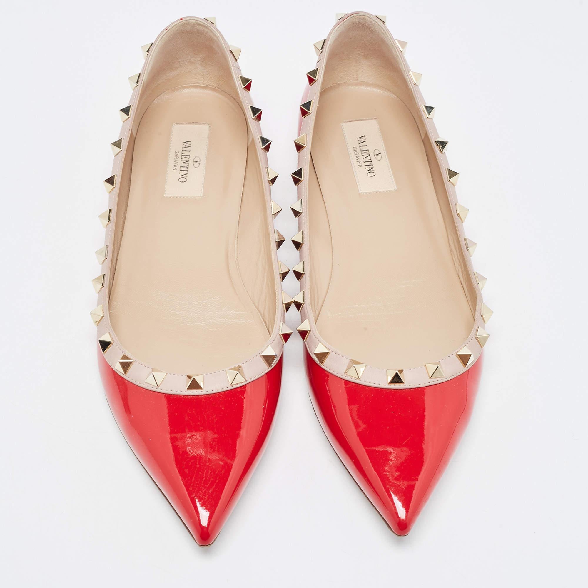 Women's Valentino Red Patent Leather Rockstud Pointed Toe Ballet Flats Size 40