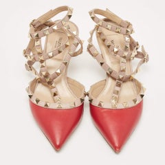 Valentino Red/Pink Leather Rockstud Ankle Strap Pumps Size 35.5