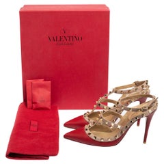 Valentino Red/Pink Leather Rockstud Ankle-Strap Pumps Size 39