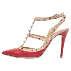 Valentino Red/Pink Leather Rockstud Ankle Strap Pumps Size 39