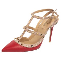 Valentino Red/Pink Leather Rockstud Ankle-Strap Pumps Size 39