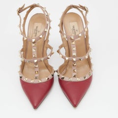 Valentino Red/Pink Leather Rockstud Ankle Strap Pumps Size 39.5