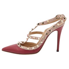 Valentino Red/Pink Leather Rockstud Ankle Strap Pumps Size 39.5