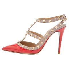 Valentino Red/Pink Patent Leather Rockstud Ankle Strap Pumps Size 38