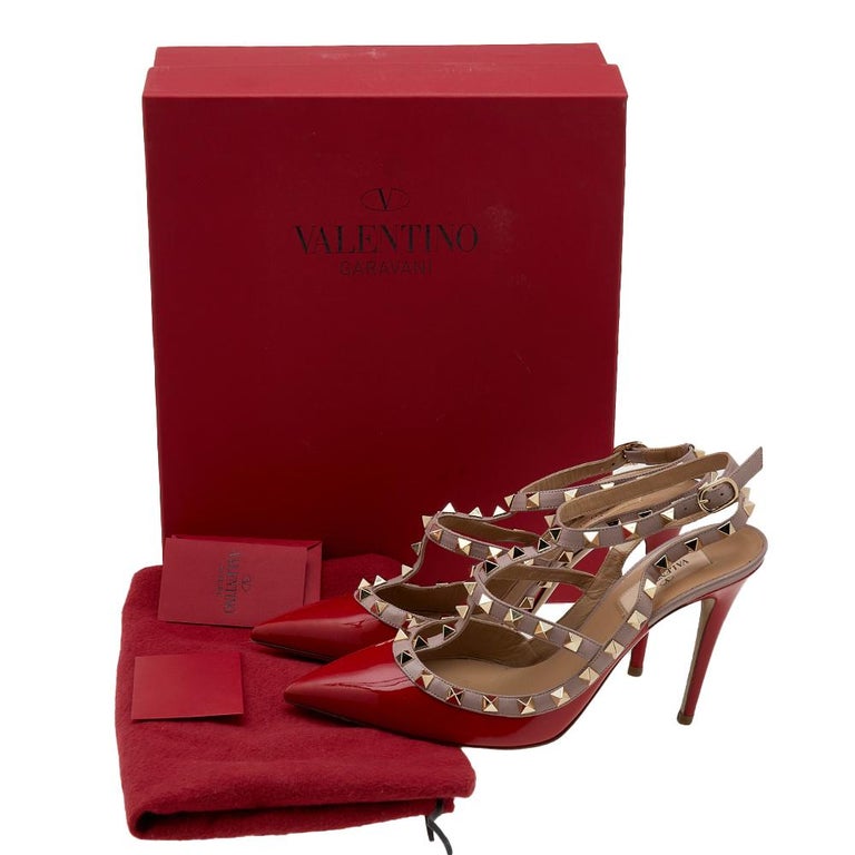 Valentino Red/Pink Patent Leather Rockstud Ankle Strap Sandals Size 39 at  1stDibs