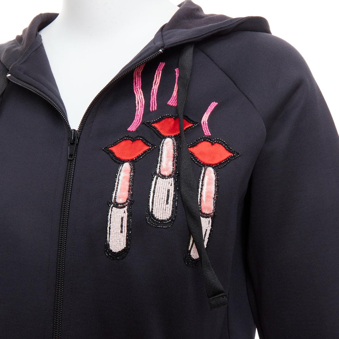 Black VALENTINO red pink velvet lipstick beaded applique black hoodie S For Sale