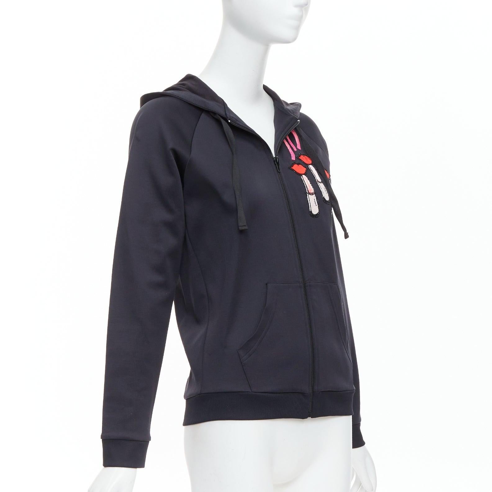 Women's VALENTINO red pink velvet lipstick beaded applique black hoodie S For Sale