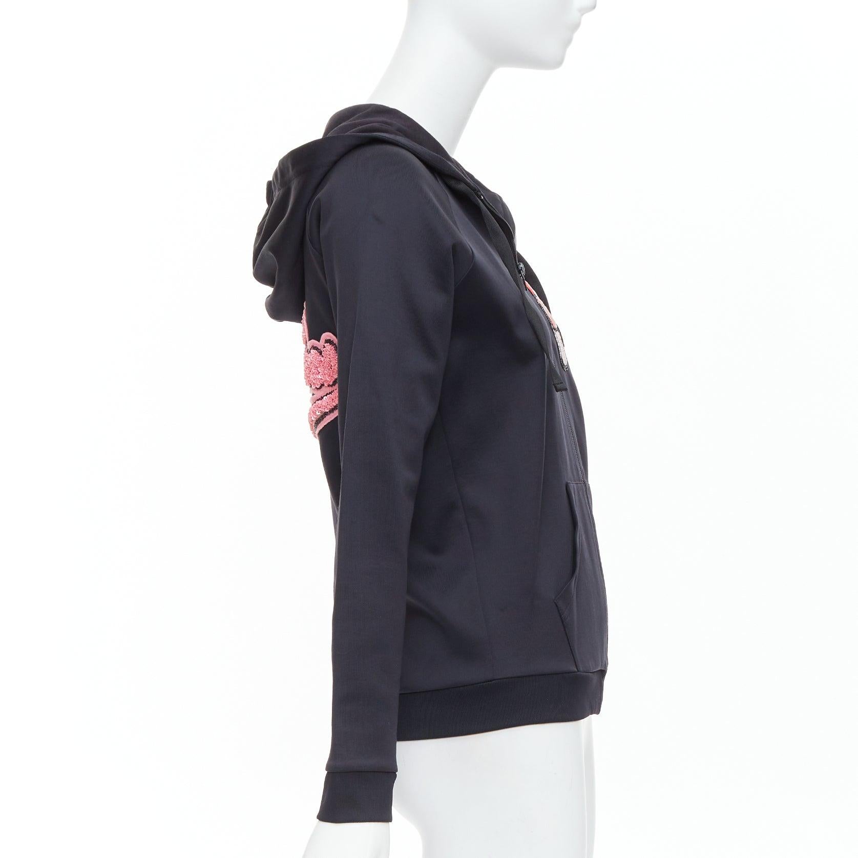 VALENTINO red pink velvet lipstick beaded applique black hoodie S For Sale 1