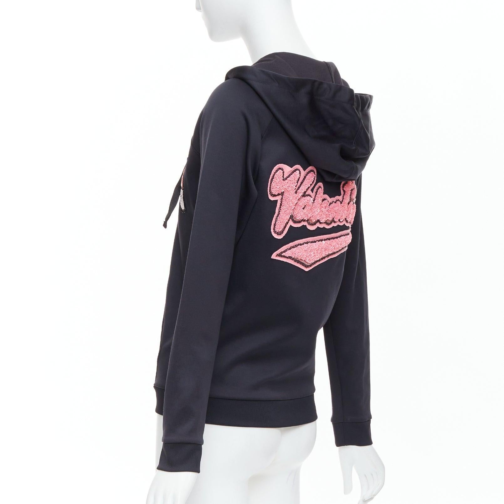 VALENTINO red pink velvet lipstick beaded applique black hoodie S For Sale 2