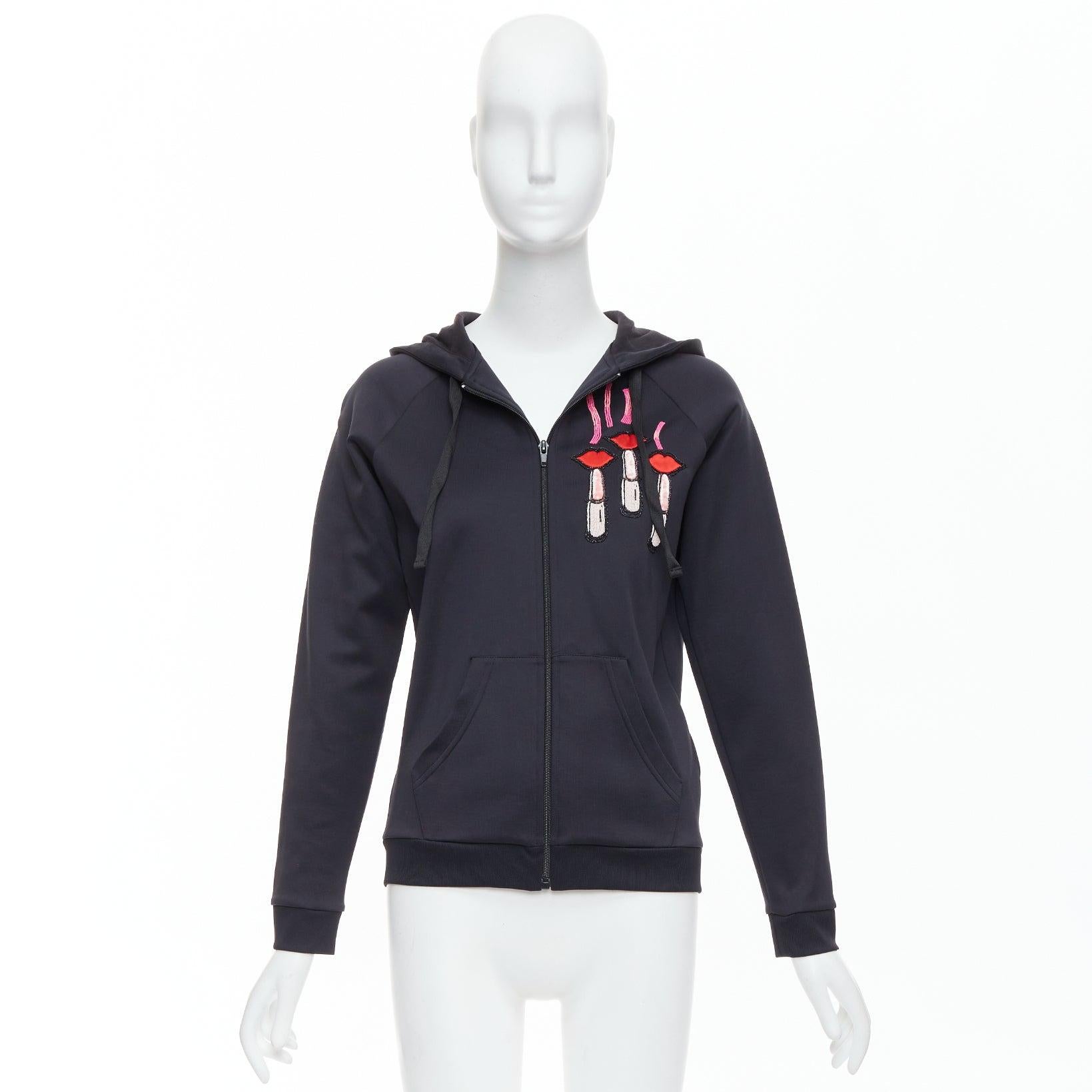 VALENTINO red pink velvet lipstick beaded applique black hoodie S For Sale 5