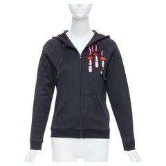 VALENTINO red pink velvet lipstick beaded applique black hoodie S