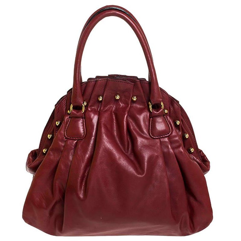 Valentino Red Pleated Leather Studded Satchel For Sale at 1stDibs
