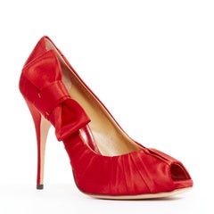 VALENTINO red pleated satin ribbon bow peep toe stiletto pumps EU37