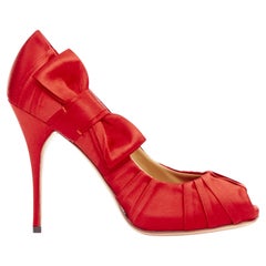 VALENTINO red pleated satin ribbon bow peep toe stiletto pumps EU37