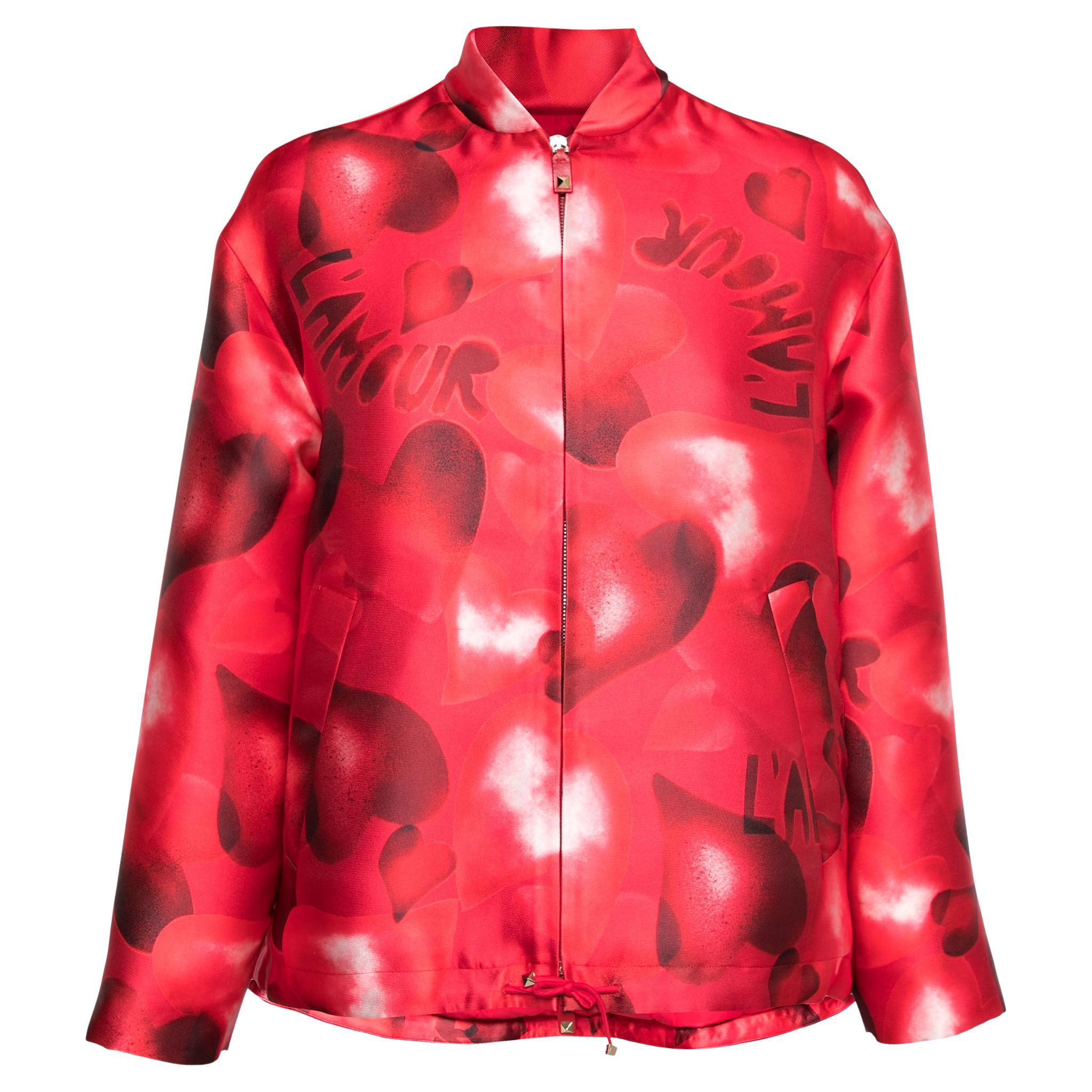 Valentino Red Printed Satin Zip Front Oversized Jacket S For Sale