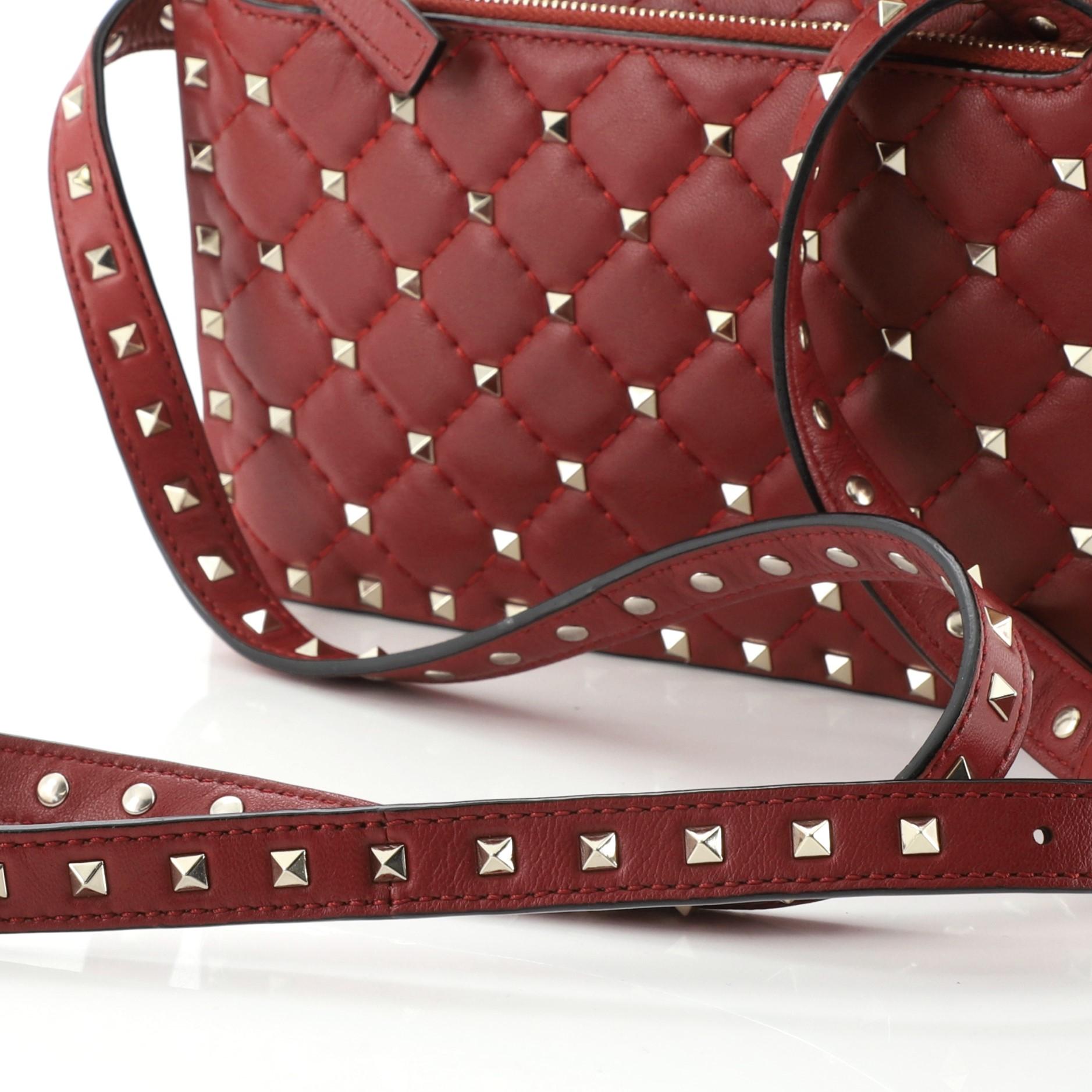 Brown Valentino Red Quilted Leather Rockstud Spike Small Flap Shoulder Bag