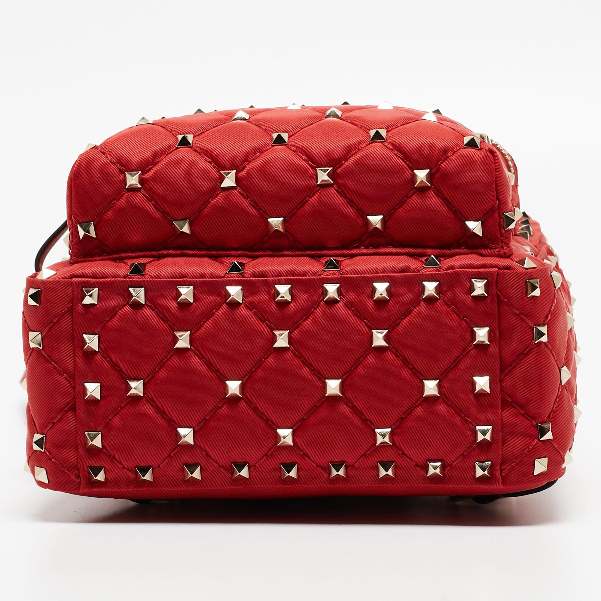 Valentino Red Quilted Nylon and Leather Mini Rockstud Spike Backpack In Excellent Condition For Sale In Dubai, Al Qouz 2