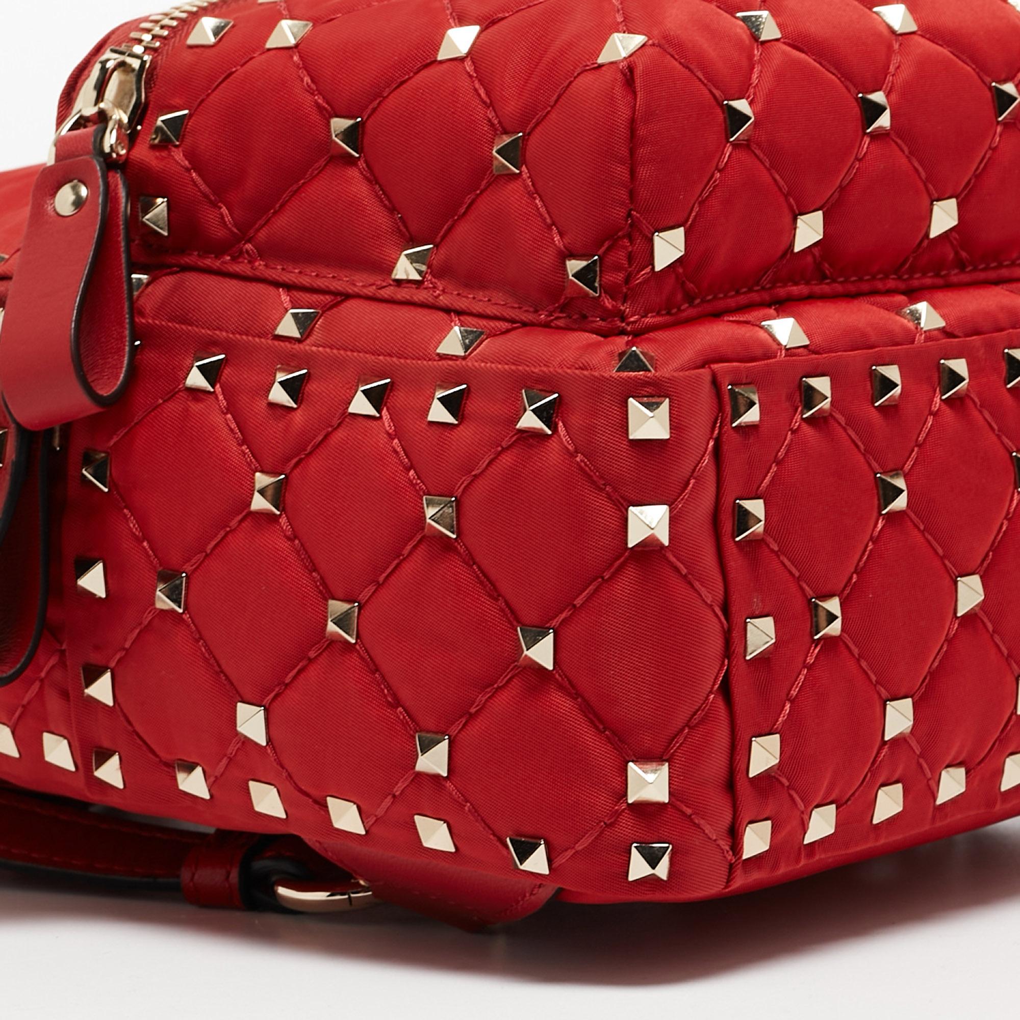 Women's Valentino Red Quilted Nylon and Leather Mini Rockstud Spike Backpack For Sale