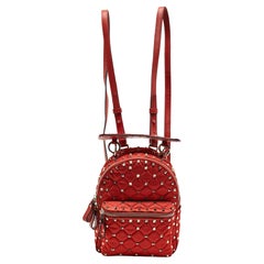 Used Valentino Red Quilted Nylon and Leather Mini Rockstud Spike Backpack