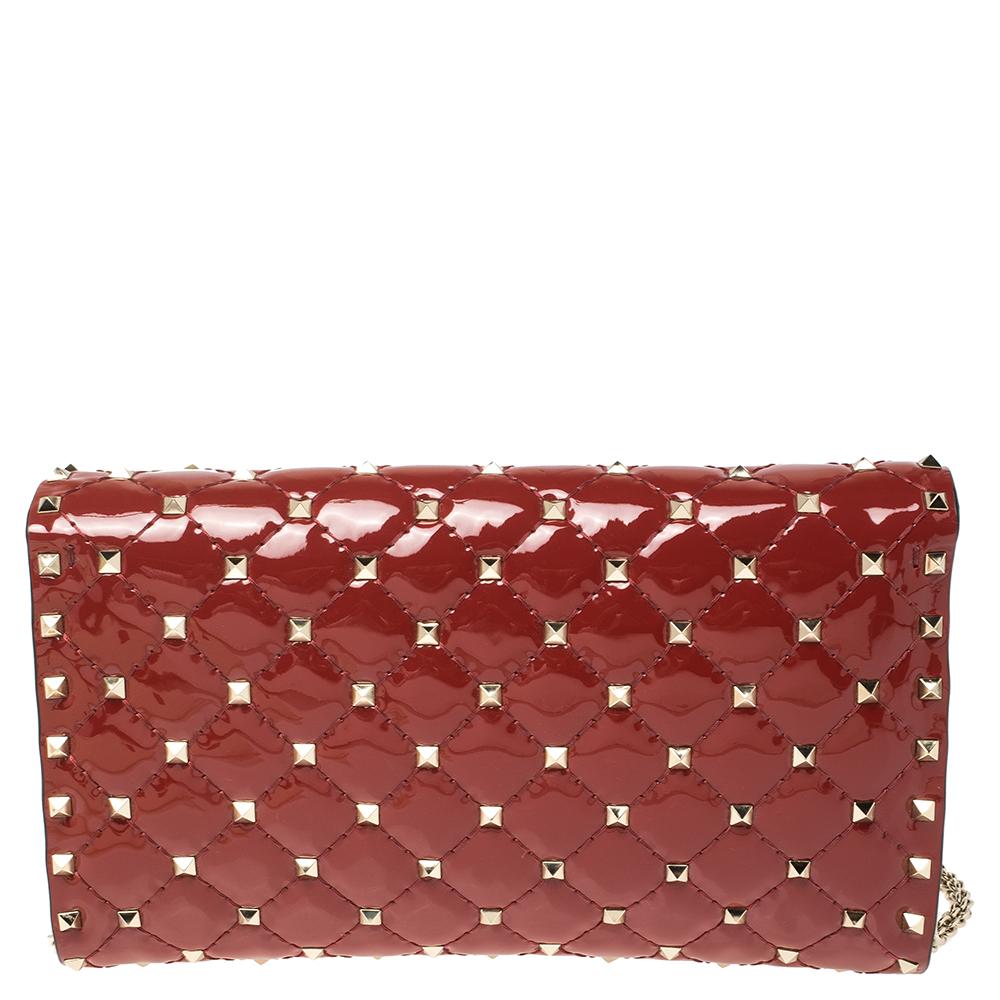 Brown Valentino Red Quilted Patent Leather Rockstud Spike Shoulder Bag