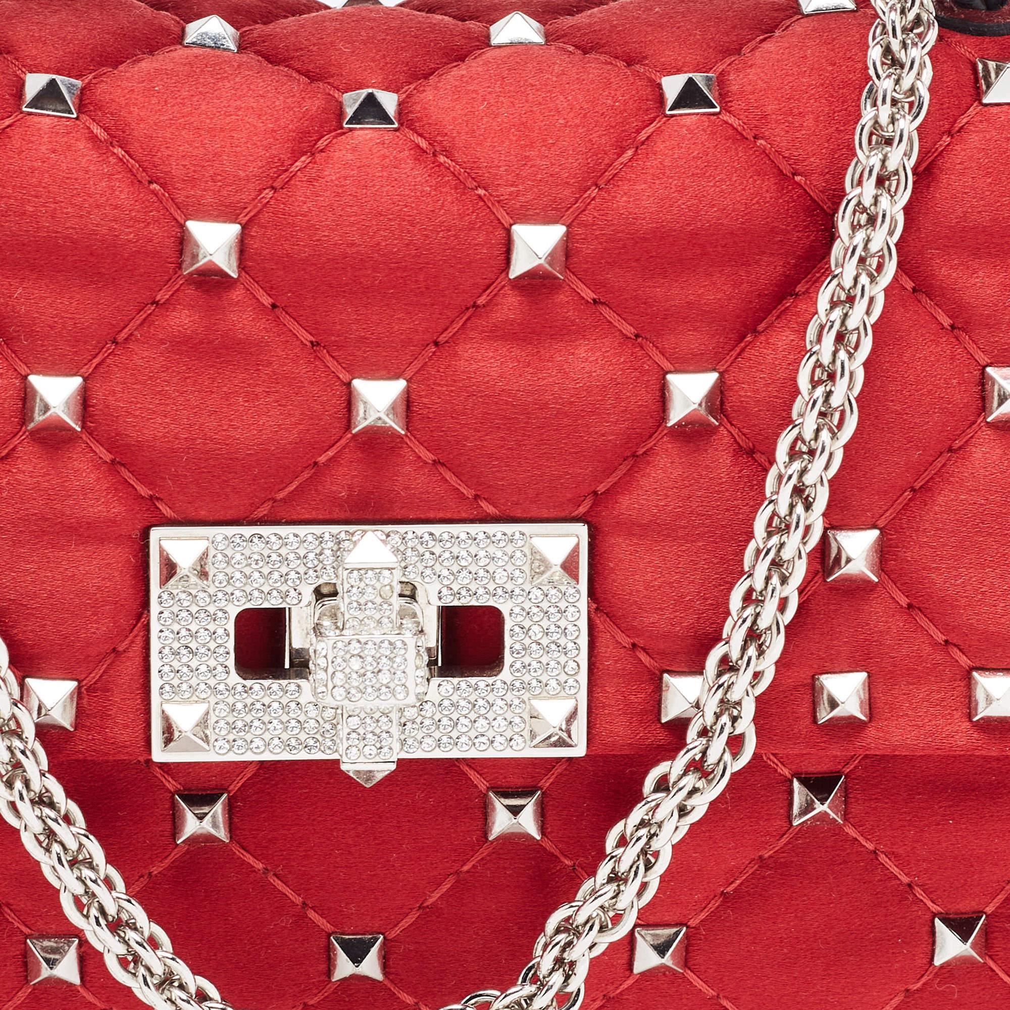 Valentino Red Quilted Satin Small Rockstud Spike Chain Bag 11