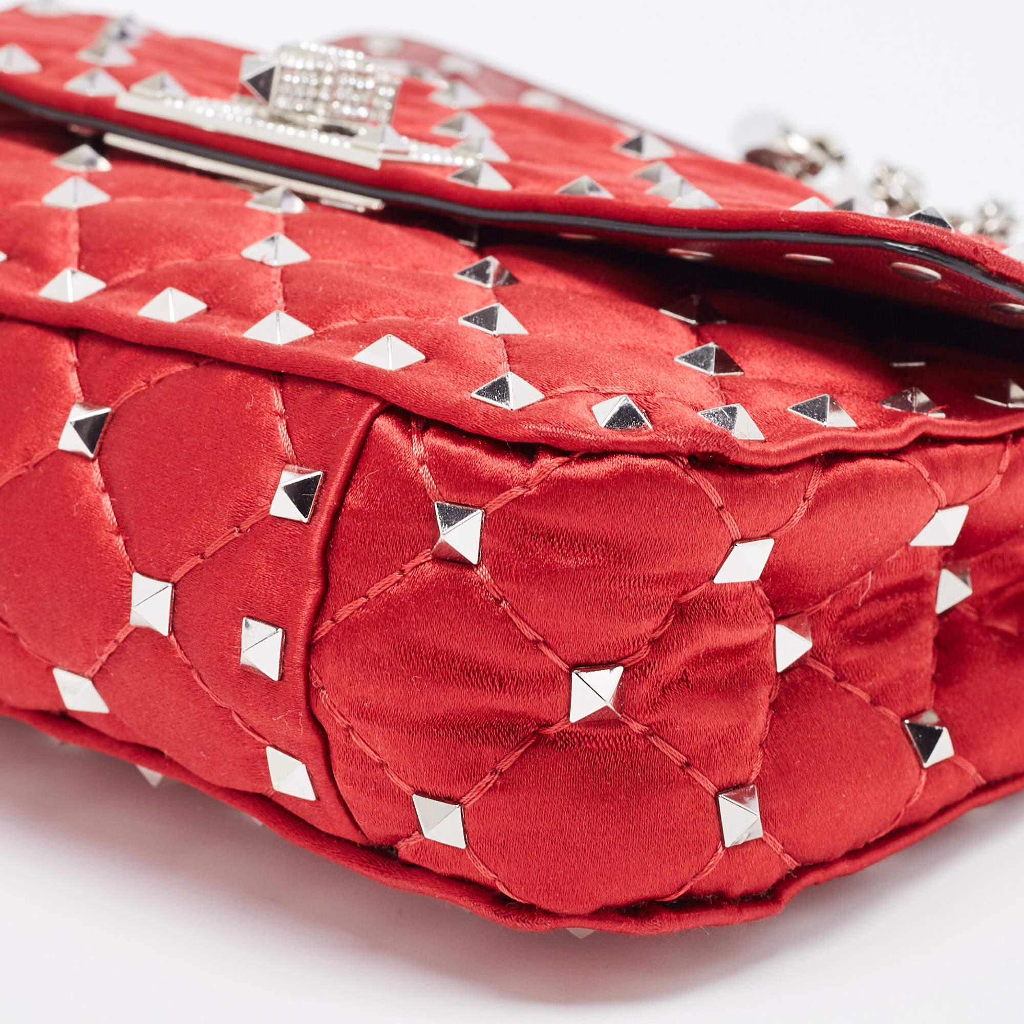 Valentino Red Quilted Satin Small Rockstud Spike Chain Bag 13
