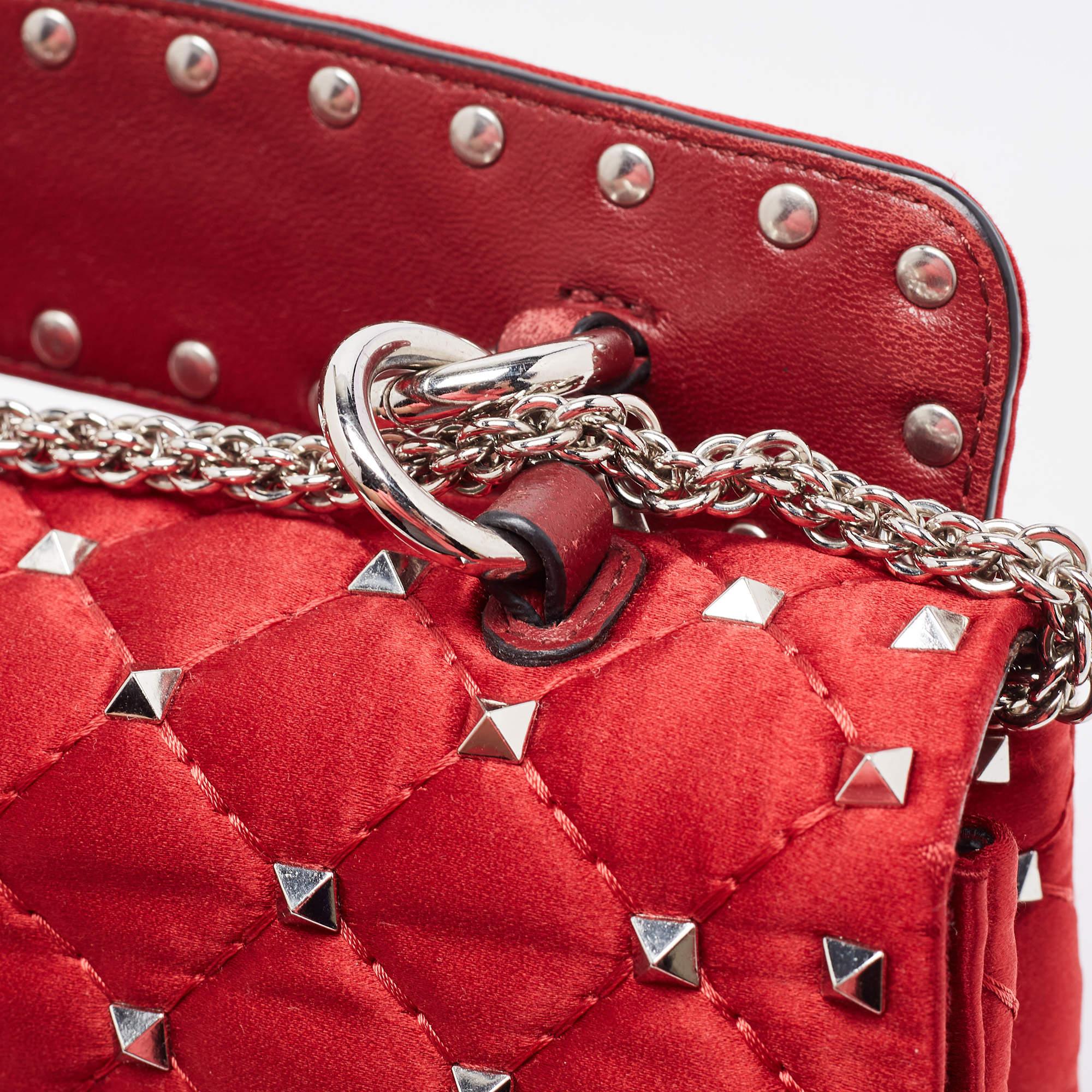 Valentino Red Quilted Satin Small Rockstud Spike Chain Bag 15
