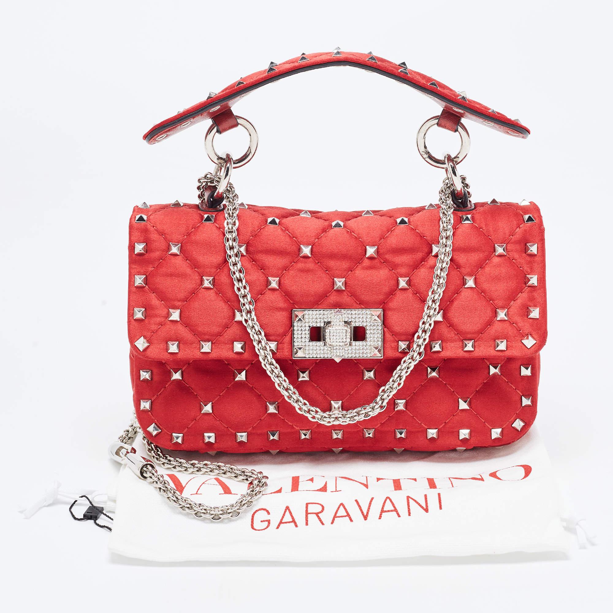 Valentino Red Quilted Satin Small Rockstud Spike Chain Bag 16