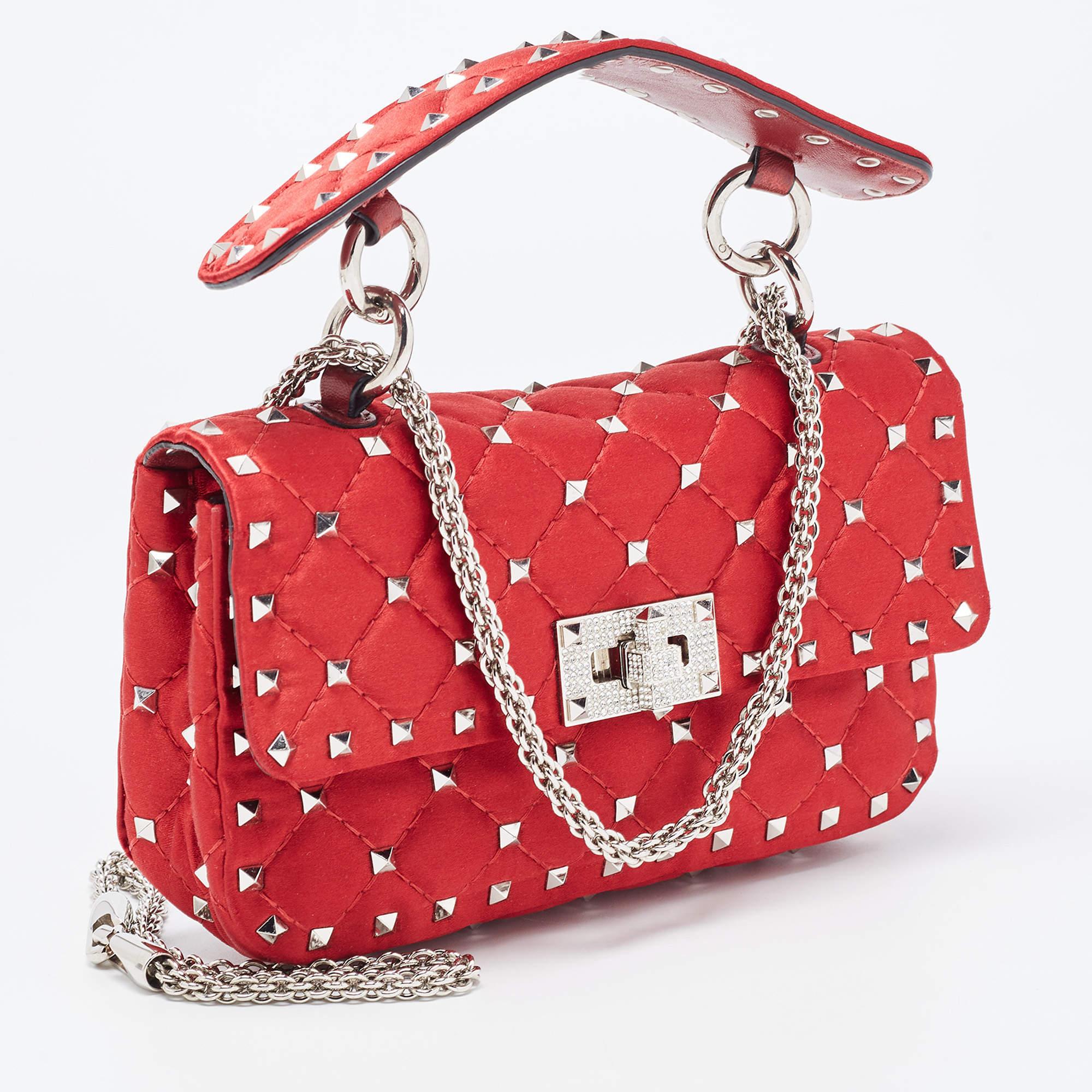 Women's Valentino Red Quilted Satin Small Rockstud Spike Chain Bag