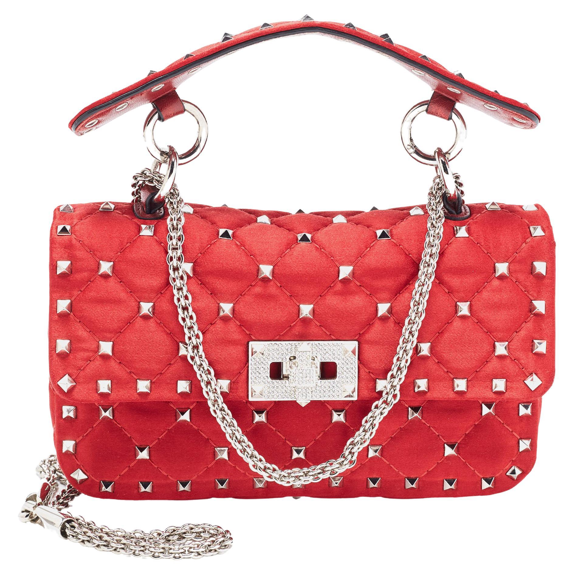 Valentino Red Quilted Satin Small Rockstud Spike Chain Bag