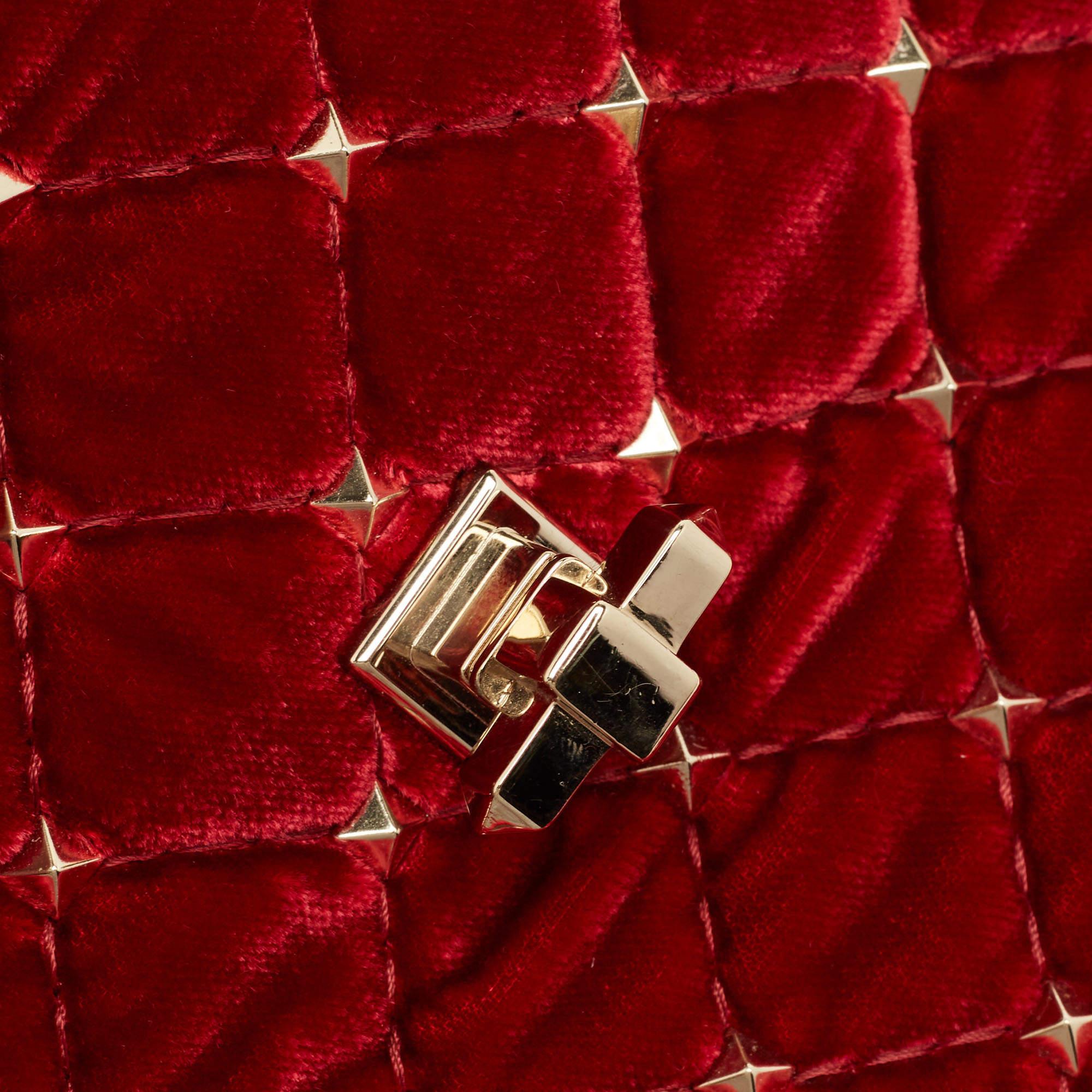 Valentino Red Quilted Velvet Medium Rockstud Spike Chain Bag 7