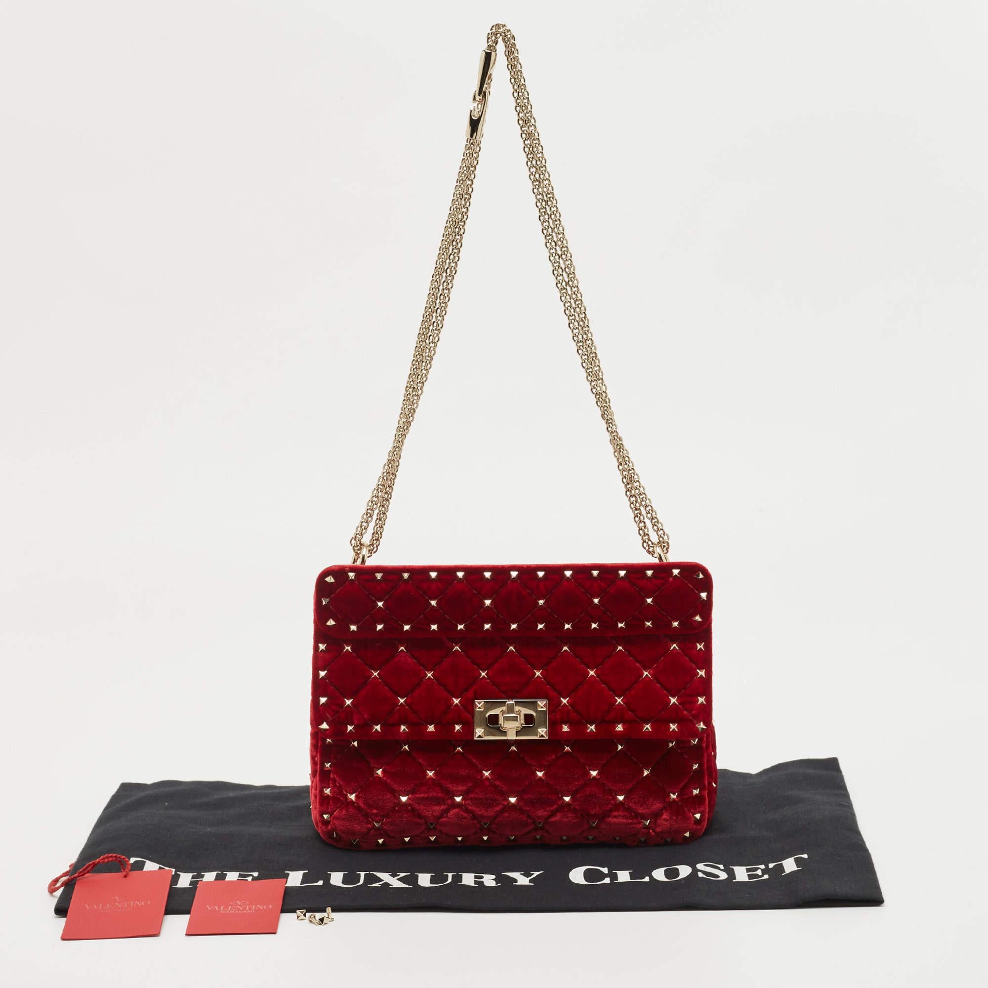 Valentino Red Quilted Velvet Medium Rockstud Spike Chain Bag 8