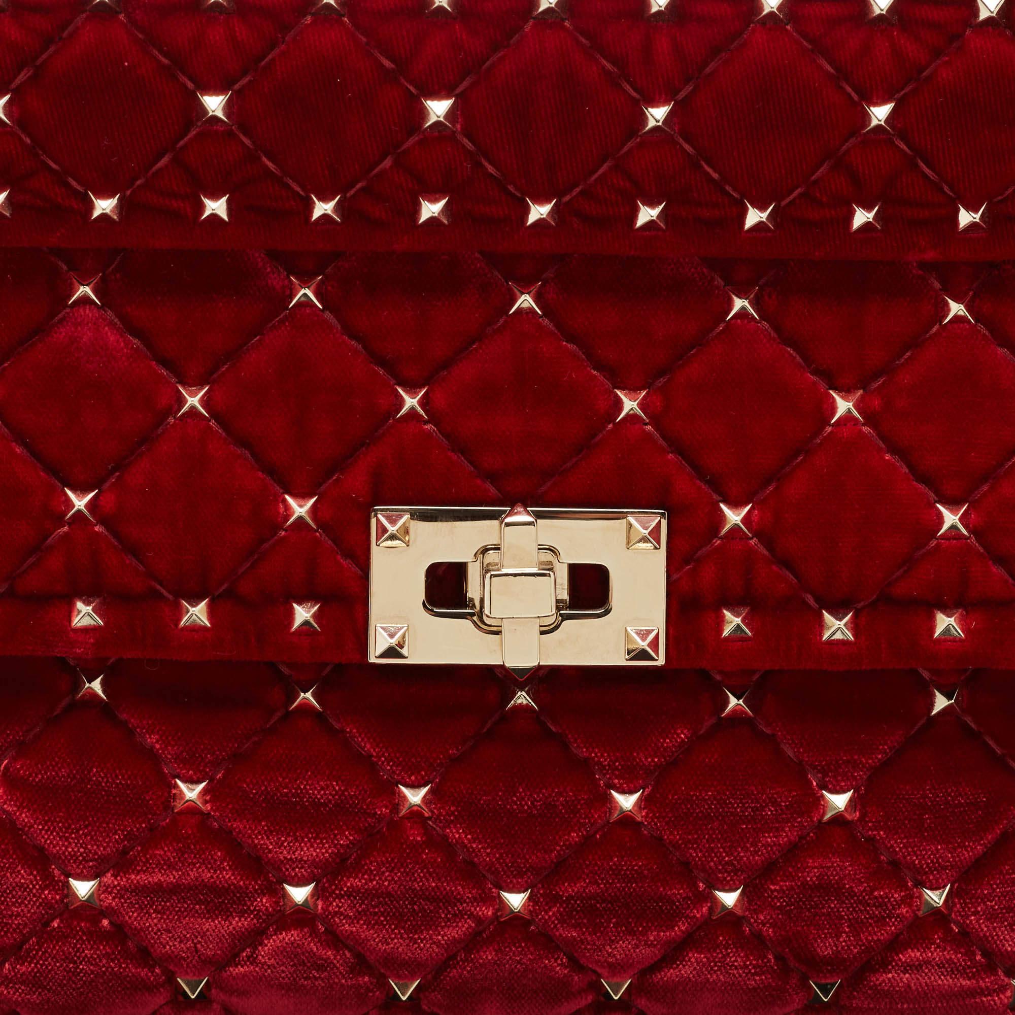 Valentino Red Quilted Velvet Medium Rockstud Spike Chain Bag 9