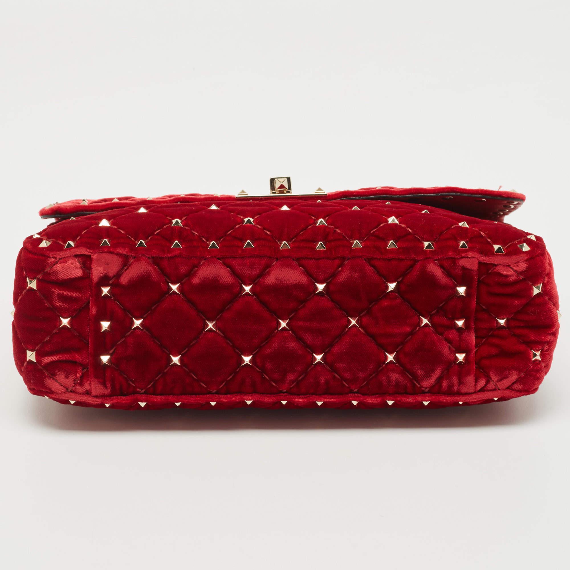 Women's Valentino Red Quilted Velvet Medium Rockstud Spike Chain Bag