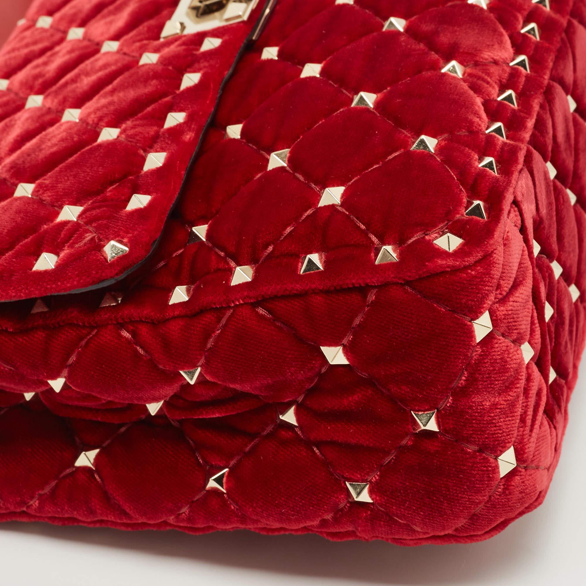 Valentino Red Quilted Velvet Medium Rockstud Spike Chain Bag 2