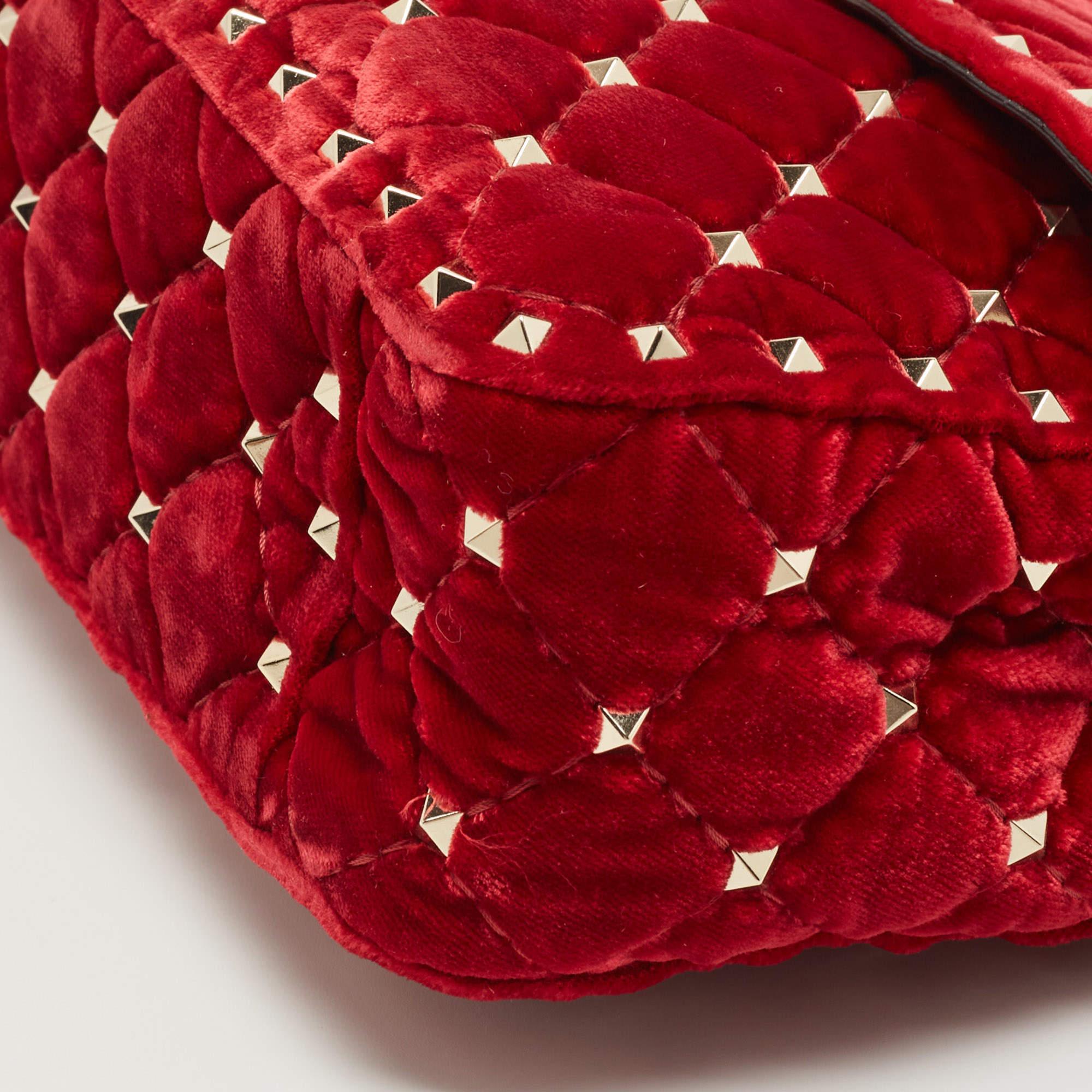 Valentino Red Quilted Velvet Medium Rockstud Spike Chain Bag 3