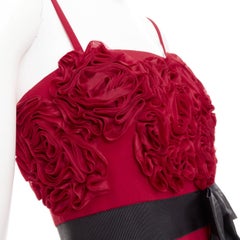 VALENTINO red Rosette ruffle boned bust black bow belt midi gown IT40 S