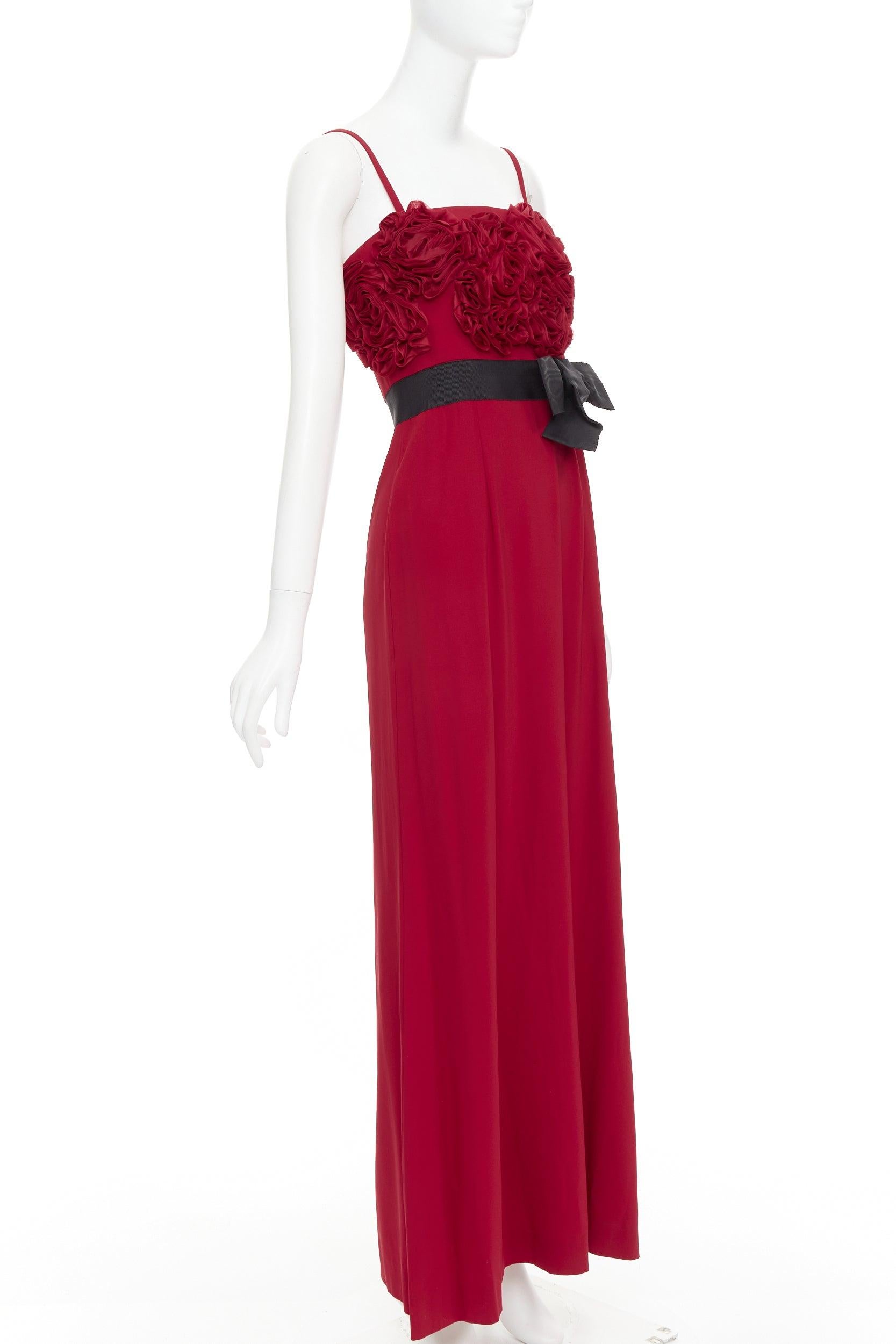Red VALENTINO red Rosette ruffle boned bust black bow belt midi gown IT40 S For Sale