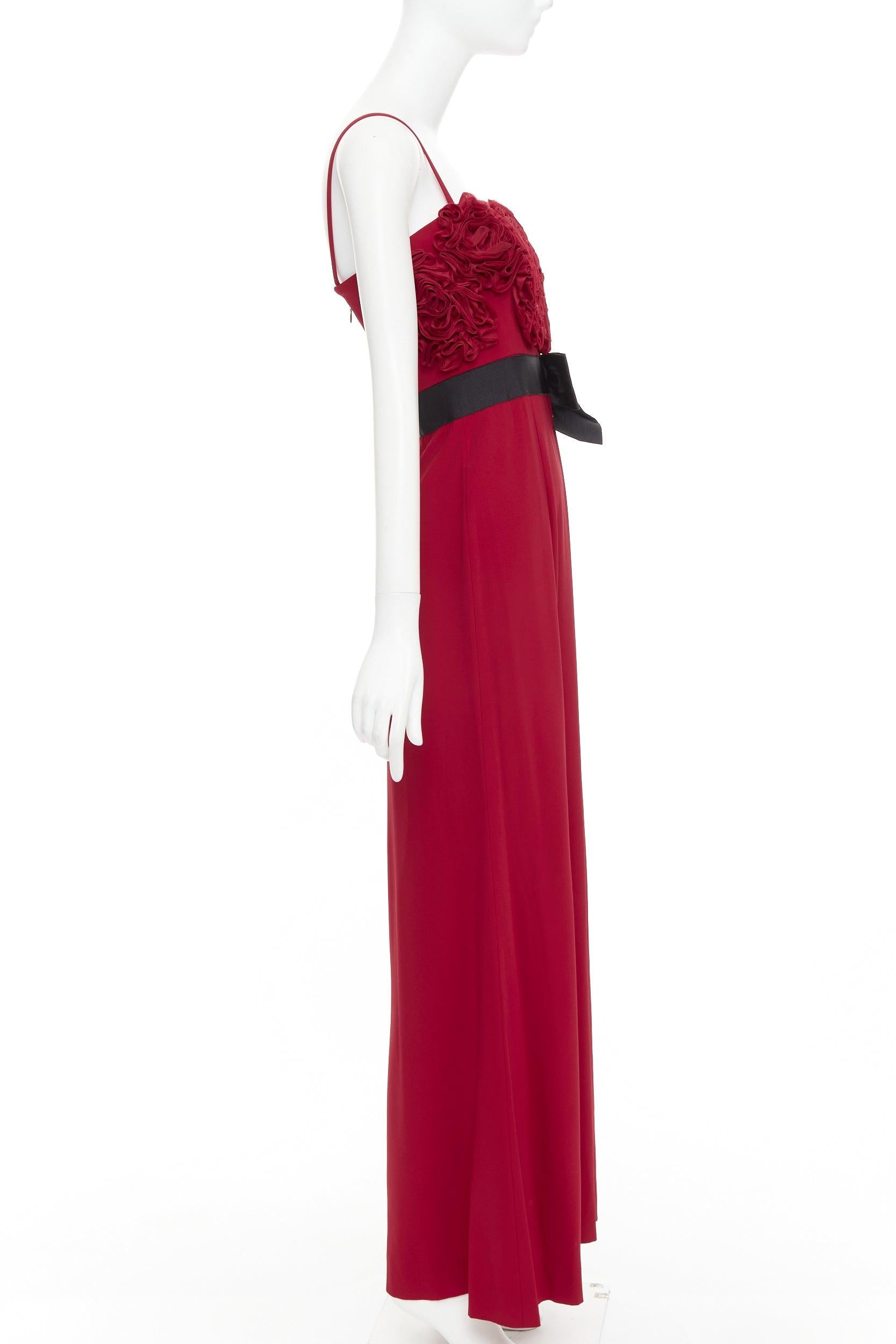 Women's VALENTINO red Rosette ruffle boned bust black bow belt midi gown IT40 S For Sale