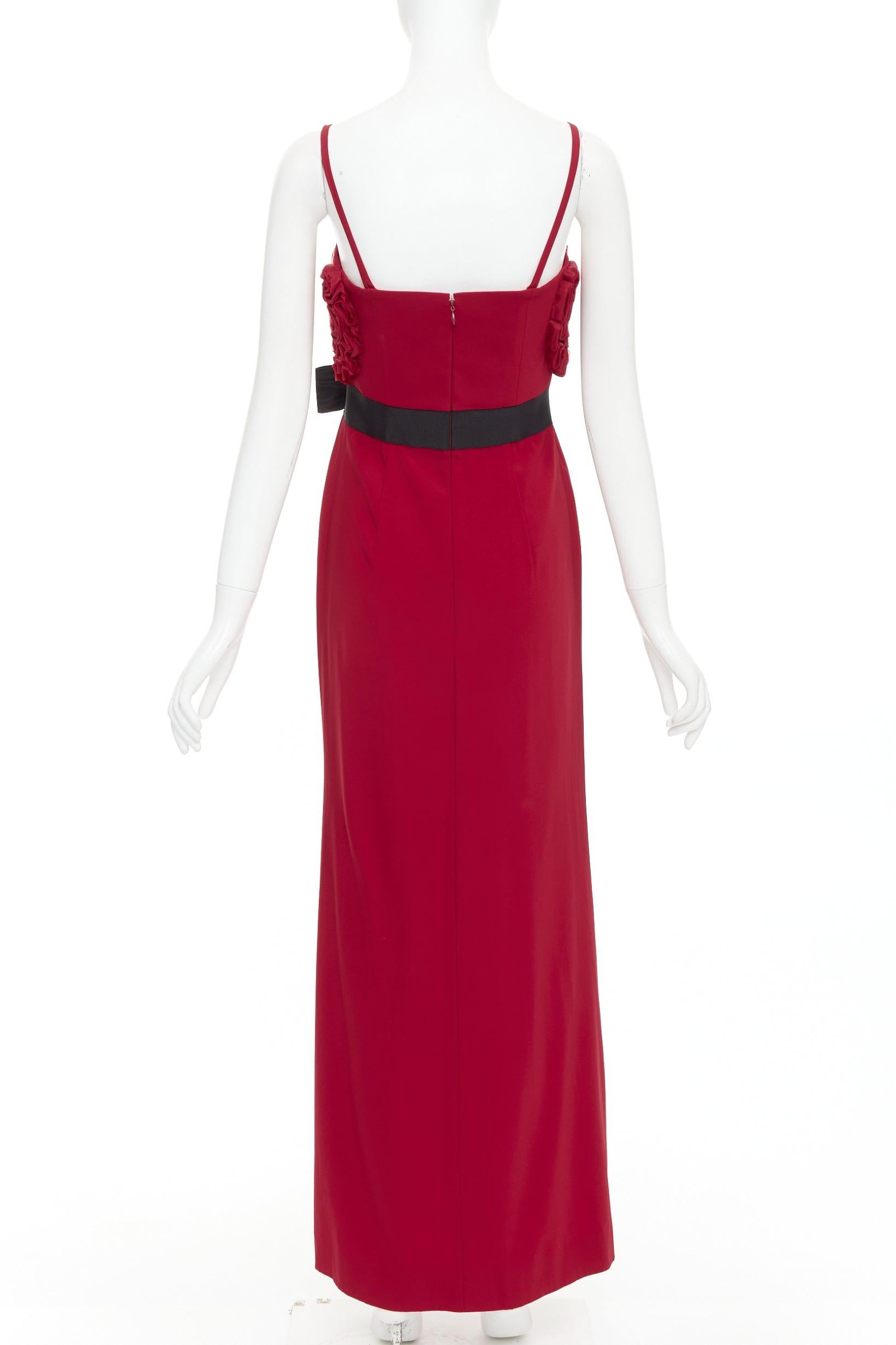 VALENTINO red Rosette ruffle boned bust black bow belt midi gown IT40 S For Sale 1