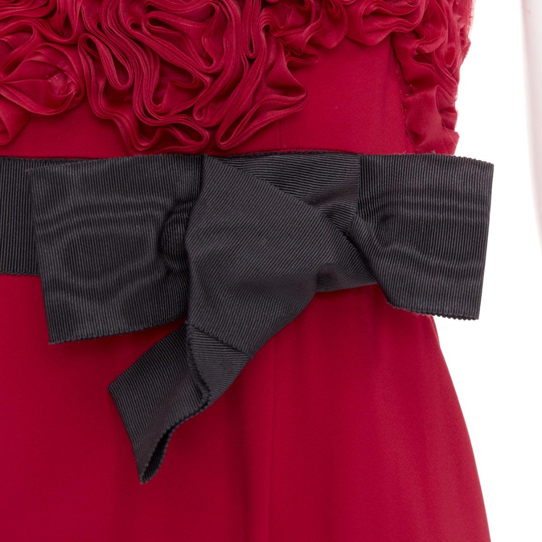 VALENTINO red Rosette ruffle boned bust black bow belt midi gown IT40 S For Sale 3