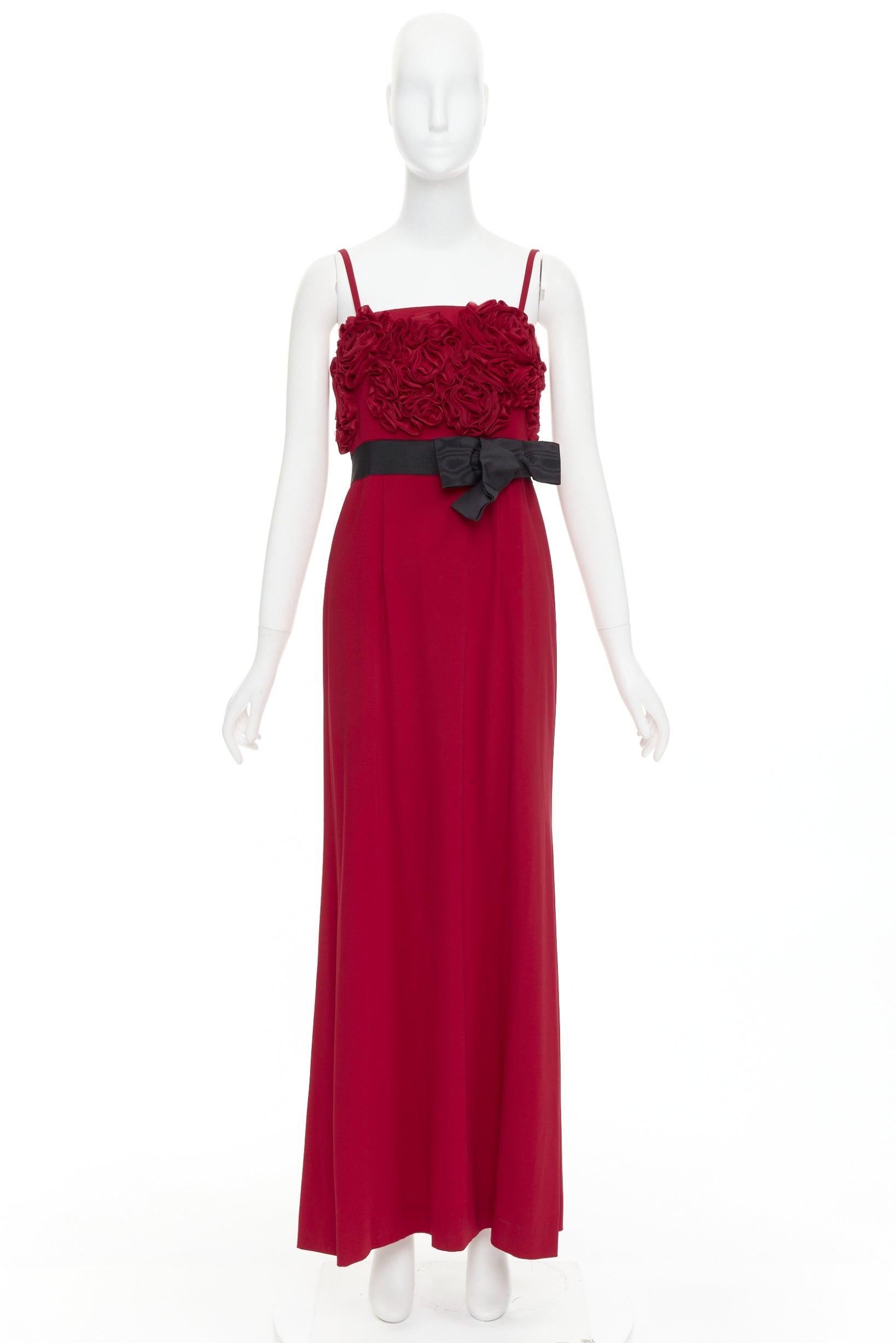 VALENTINO red Rosette ruffle boned bust black bow belt midi gown IT40 S For Sale 5
