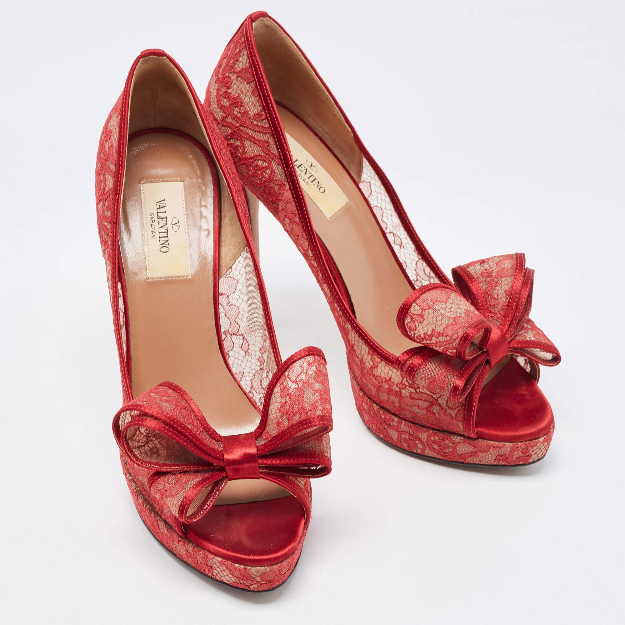 Women's Valentino Red Satin and Lace Platform Peep Toe Pumps Size 39