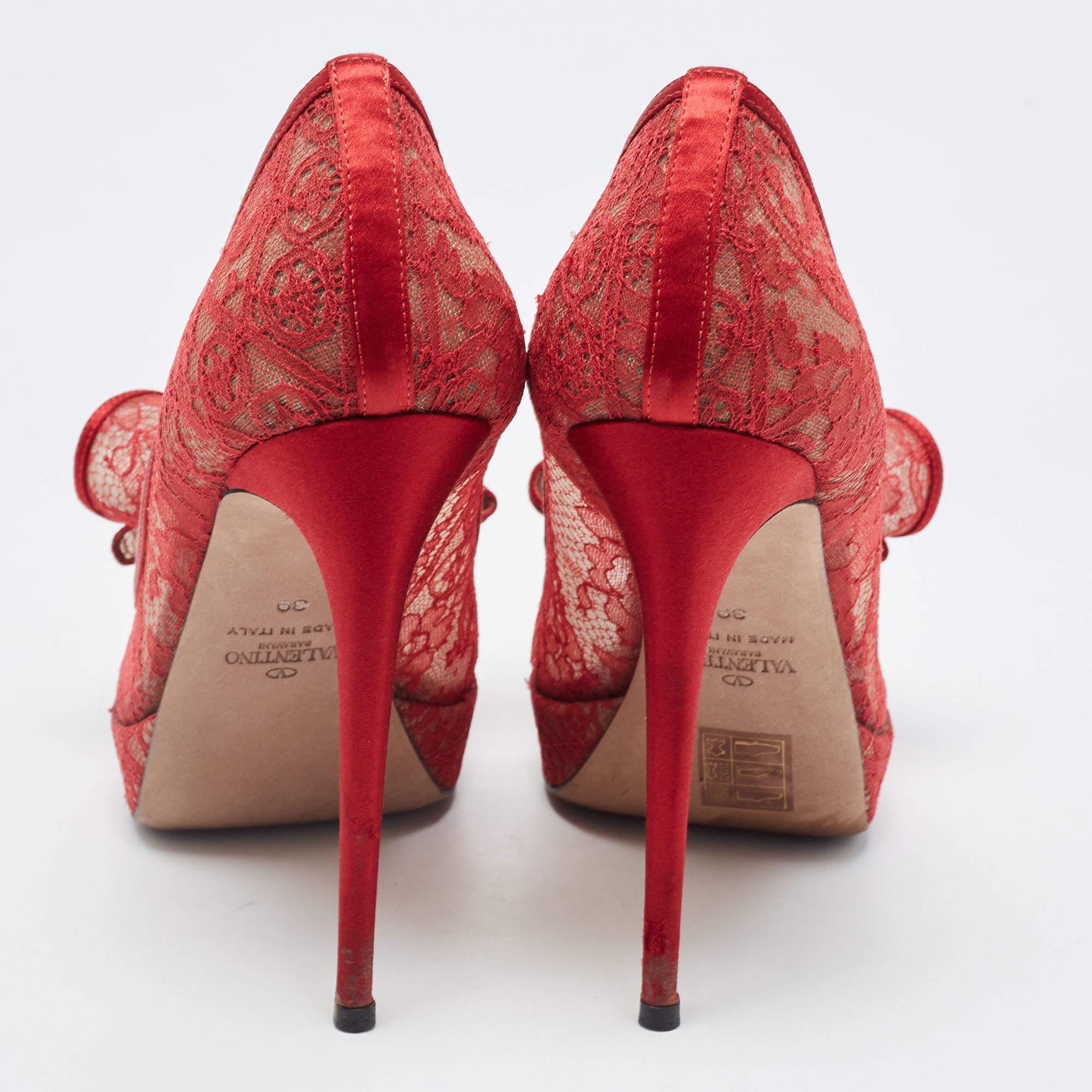 Valentino Red Satin and Lace Platform Peep Toe Pumps Size 39 2