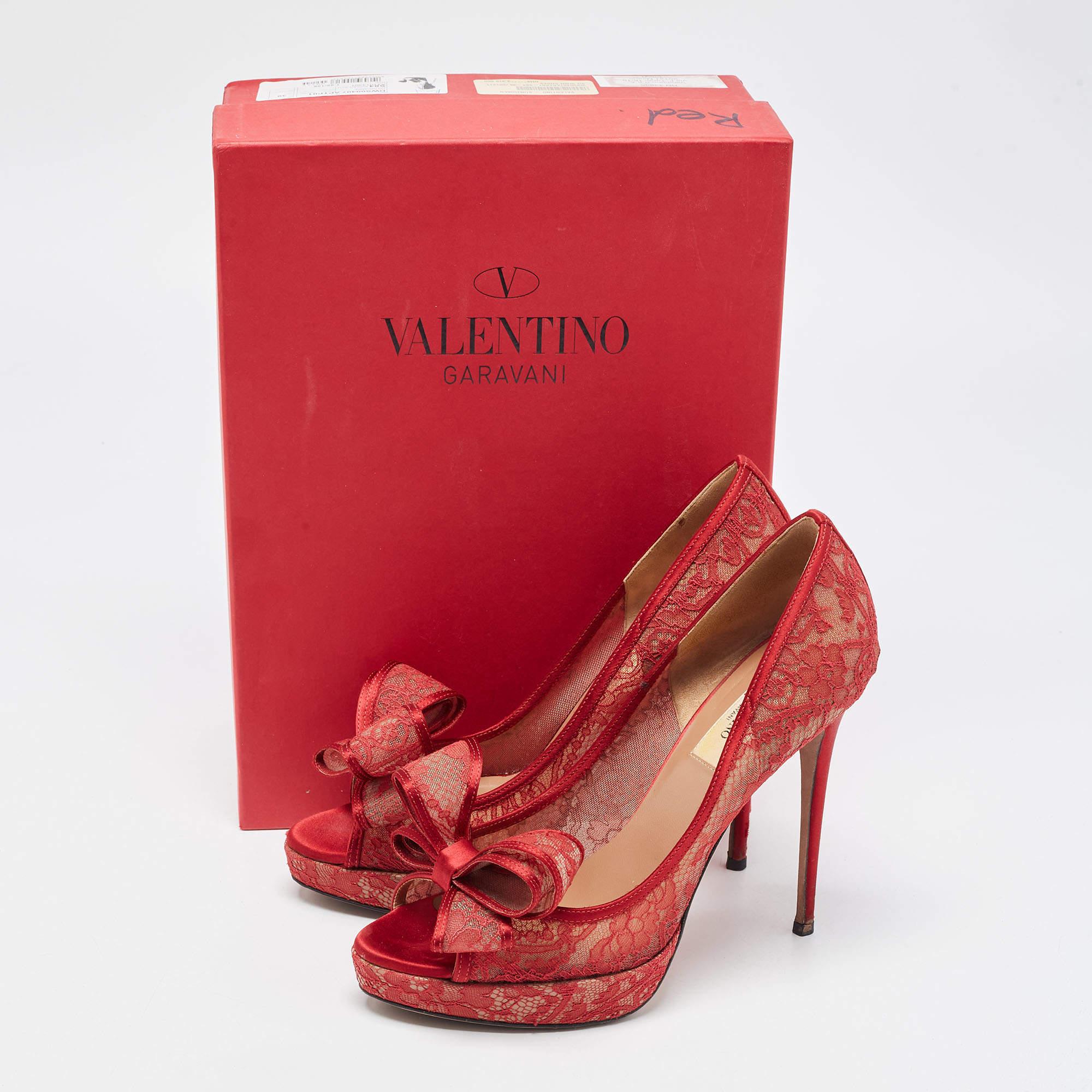 Valentino Red Satin and Lace Platform Peep Toe Pumps Size 39 5