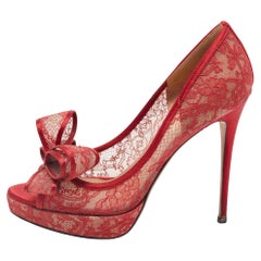 Valentino Red Satin and Lace Platform Peep Toe Pumps Size 39