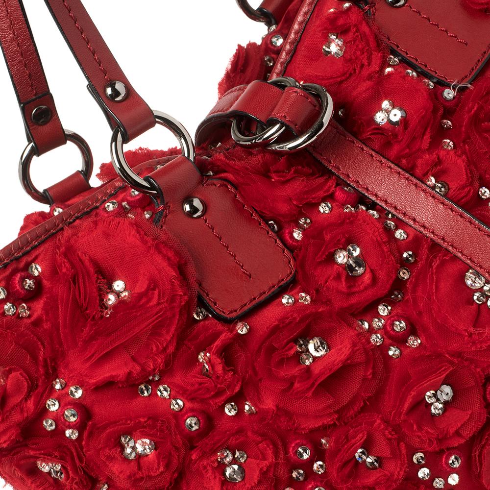 Women's Valentino Red Satin and Leather Crystal Embellished Rosier Tote