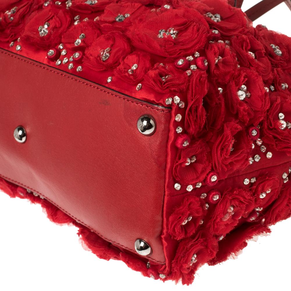 Valentino Red Satin and Leather Crystal Embellished Rosier Tote 1